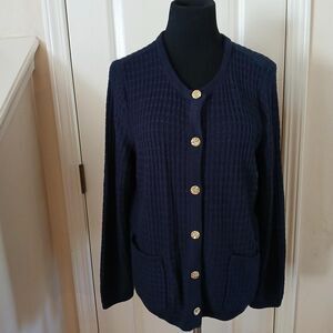 J. Jill Navy Blue Waffle Knit Cardigan Sweater with Gold Buttons M Petite Classy